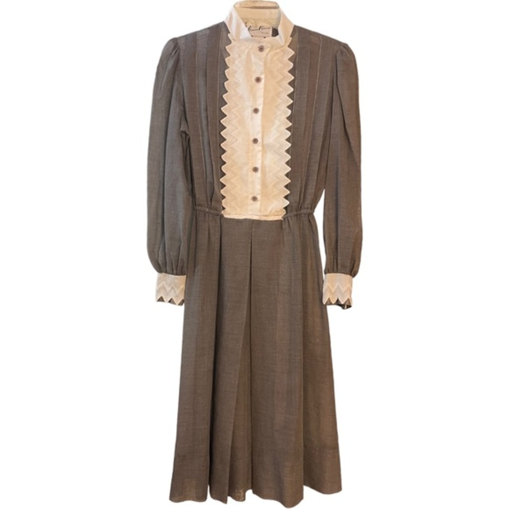 Vintage HERMAN MARCUS Dress Schoolgirl Cottage Core Gray/White Bibbed size 8